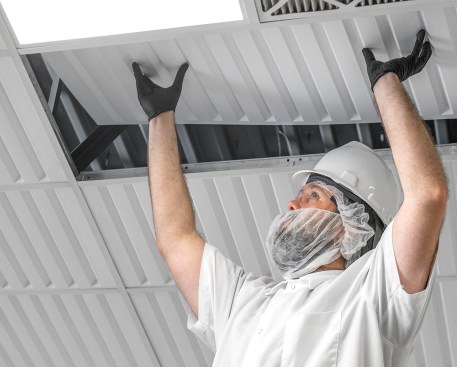 The ceiling panels are fiber-free and will not contaminate the baked goods when handled for maintenance.
