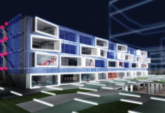 Rendering with Billboards The architects were asked to design around a predetermined concrete shell, with a three-foot zone around the frame into which they could expand. The LOT-EK team took advantage of this zone by creating extruded window frames, which will serve as billboards for the stores housed within once the interior is fully complete.