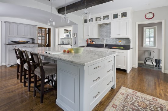 Upscale kitchen with large island and built-in buffet