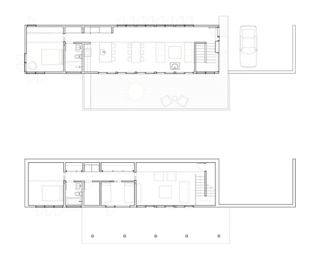 Main level floor plan (top) and walkout basement level plan (bottom).