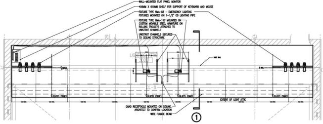 Lighting plan detail at the light attic, showing the projector on a movable steel armature and wall-mounted monitor.