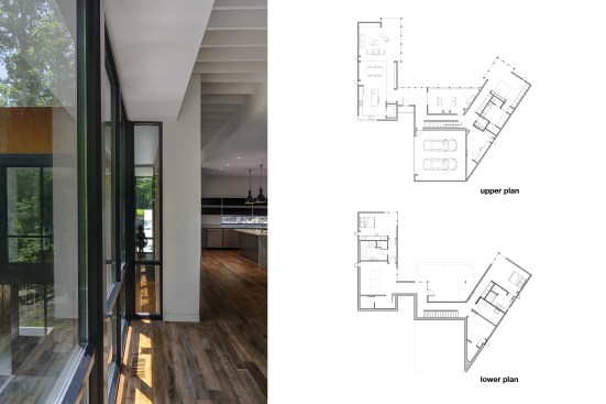 The photo expresses the home's transparency. Right: Lower and Upper floor plans.