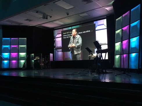 A portable version of the luminous wall, built for the Church’s second campus, was composed of six free-standing T-bar grid frames that were simply leaned back against a wall.