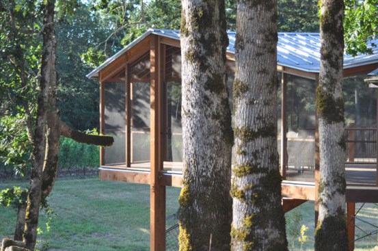 Screened porch through the trees