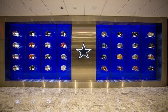 A feature wall inside the Star that recognizes the 32 franchises of the NFL