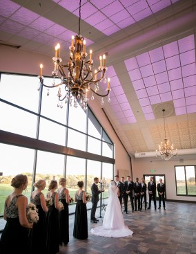 A system of color-changing LEDs above the ceiling throws a color wash onto the translucent Ceilume ceiling panels. The luminous ceiling can match the blue sky, the sunset, or the bridesmaids’ gowns. 