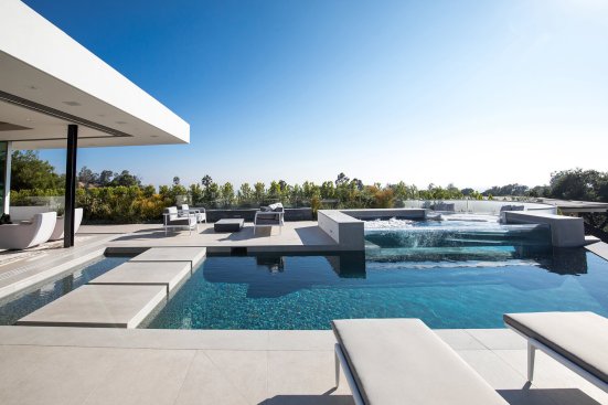 Luxury Beverly Hills home modern pool terrace and spa design.