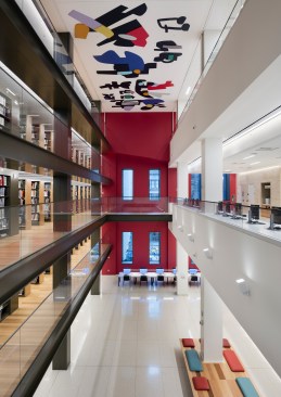 Ramps gently slope to connect the different floor heights of the book stack levels and reading areas.
