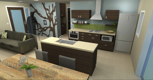 Interior view of kitchen, dining, and living rooms.