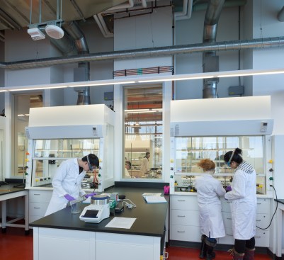 Glass partitions and fume hoods allow for clear sight lines between adjacent labs.
