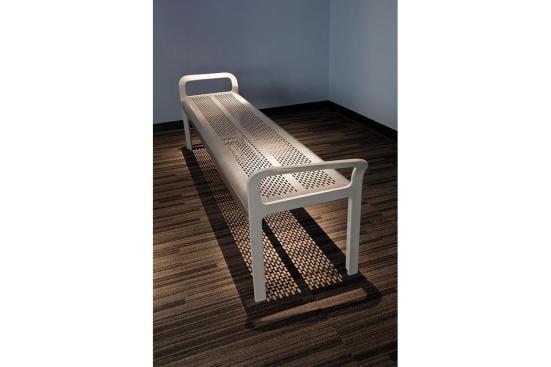 Ratio bench shown in backless configuration with Aluminum Texture powdercoated frame and Stainless Steel seat with Satin finish at The Field Museum - DNA Discovery Center, Chicago, Illinois