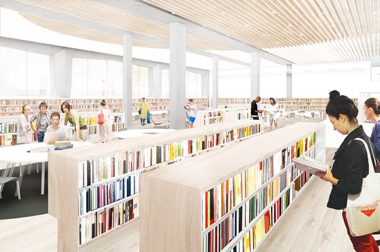 Gaps between groups of white oak bookshelves define places for reading, lounging and computer work.