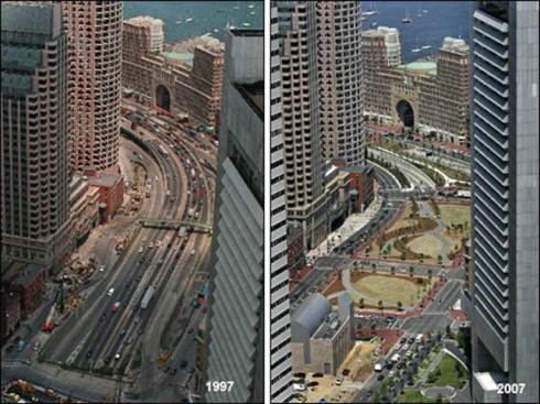 The Rose Fitzgerald Kennedy Greenway before and after.
