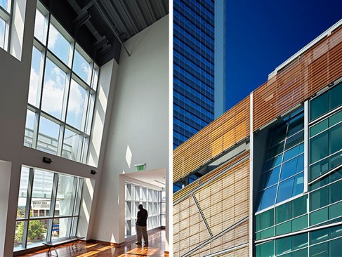 A sloped curtain wall defines the multi-purpose room