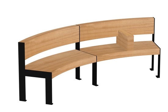 Bench 203. Curved bench with square timber armrest. 