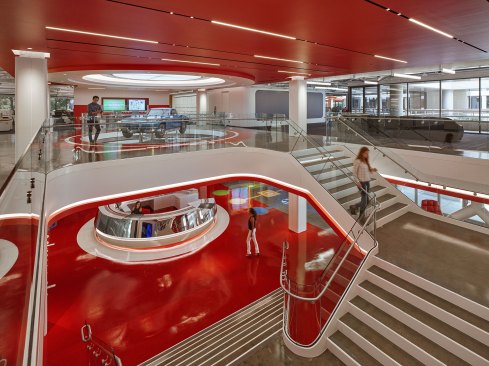 Capping the Corvettes is a ceiling circled by 4000K and 5700K backlit LED coves and accented by LED spotlights.