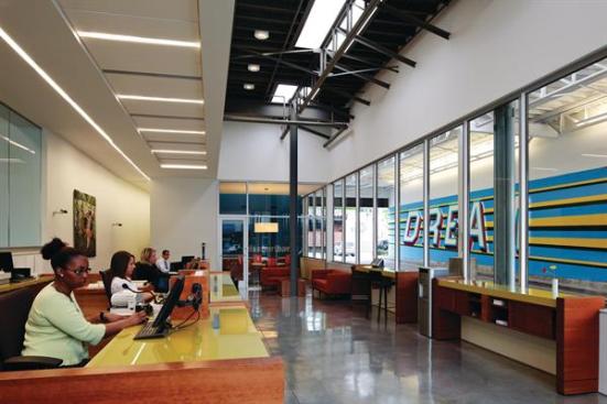 Inside, a skylight provides natural light to the teller area, and where there are interior walls, Helix used glass partitions that promote the idea of transparency that has been central to the company?s mission.