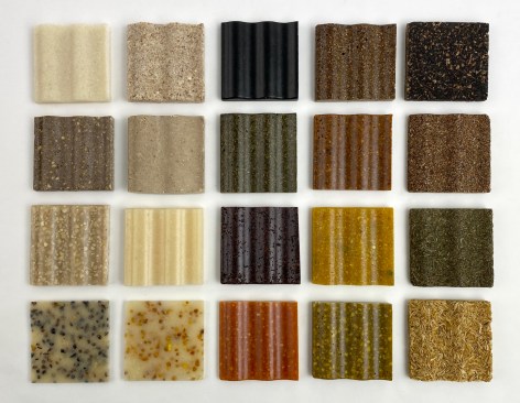 Ottan-Studio-designed tiles made from biomaterials like lentils, grass, coffee pulp, and orange peels