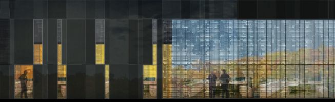 The Van Buren Land Port of Entry is located on a narrow, 21-acre site that used to serve as a rail yard. The surrounding forested areas inspired the patterning on the silk-screened glazing, which sits flush with metal panels to form a taut skin around the building forms.