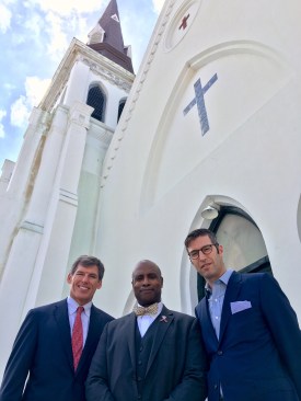 Left to Right: John Darby (The Beach Company), Rev. Eric SC Manning (Emanuel AME Church), Michael Arad (Handel Architects) in front of Emanuel AME Church, Charleston, South Carolina