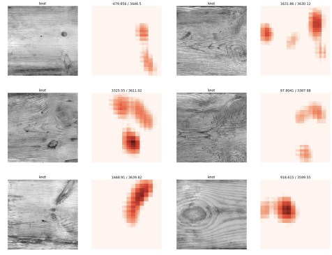 The results of board analyses for the Embodied Computation Lab, where computer learning began to not only identify the presence, but location, of knots in reclaimed wood.