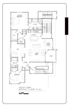 Each unit includes a master bedroom/bathroom, second bedroom and bath, den, and an open kitchen-living room-dining room. The second- and third-story units also include a balcony. Each condo can be accessed via a front or rear staircase; the rear stairwell also leads to a roof deck.