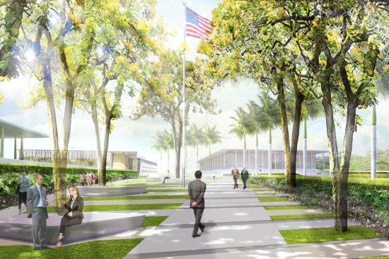 Excellence approach rendering for the entrance to the U.S. Embassy in New Delhi by architecture firm Weiss/Manfredi