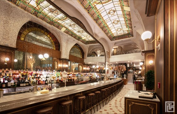 THE ARCADE/
Lighting also plays an important role in creating this momentary transition. Monumental brass chandeliers hang from the existing arcade structure, illuminating the revitalized passage, while sconces adorn the facade of the restaurant. The arcade lighting fixtures are reinterpreted and reminiscent of early 20th century Paris. In order to integrate organic elements into this partly outdoor space, cherry blossom trees are planted along each column of the facade. These trees provide a link between the city and the transformative morphology of nature. From light pink to bright orange, these trees directly connect this covered passageway to the corresponding seasons outside. Seating is organized around these natural elements to create a year-round outdoor dining experience.