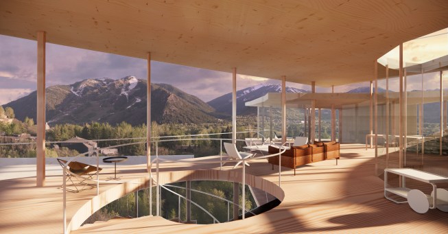 Roof overhangs sweep upwards toward views in every direction with a glass courtyard in each pavilion that create a visual connection to the sky, wind, rain, and snow.