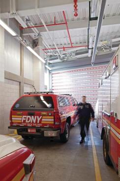 Serving the diverse needs of the EMS workers in a tight program meant creating a series of high-traffic and often multifunctional spaces. The vehicle bay houses ambulances, and other emergency vehicles, as well as store rooms where EMTs can resupply after a call.
