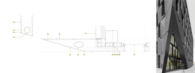 Typical slice detail: 1. Stone rainscreen 2. Insulated metal panel 3. Operable hopper windows 4. Concrete masonry units 5. Rigid insulation 6. Structural glazed butt-joint curtainwall 7. Water and vapor barrier 8. Metal channel reveal 9. Interior gypsum board wall 10. Structural support