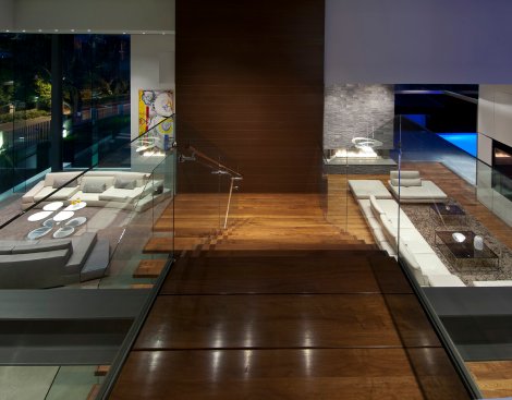 Upstairs view of open plan luxury modern Beverly Hills home.