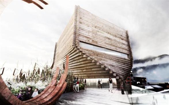 Twisting fa?ade formed from stacked, reclaimed timbers.