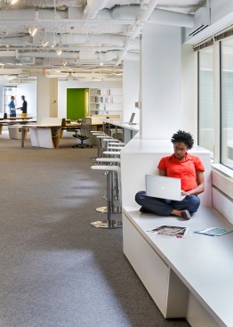 Flexible work areas include a bench at the end of the Link Desk that runs along the length of the space.