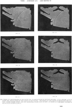 Figure 6: Wallace C. Sabine, experiments with schlieren photography in a model of the New Theatre, New York, long section, 1913 (Wallace C. Sabine, “Theatre Acoustics,” American Architect 104, no. 1984 [31 Dec. 1913], 269).