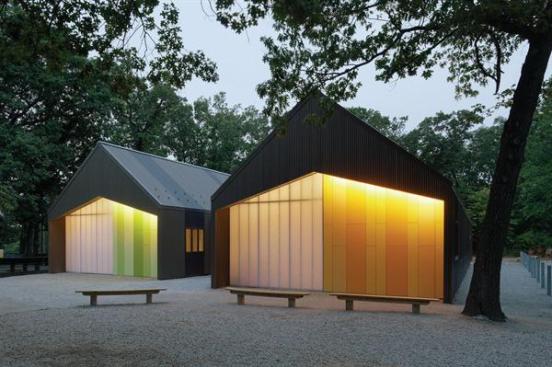 Lit+sheds+at+dusk.