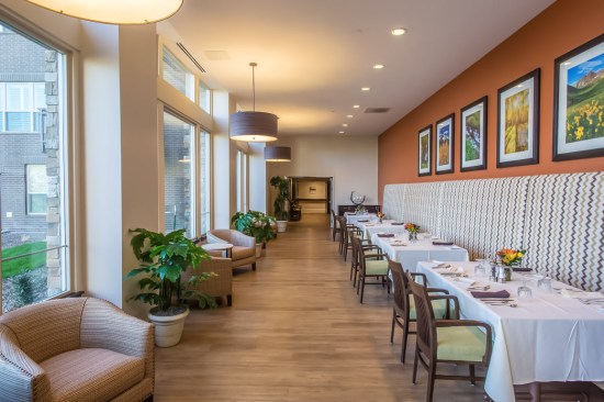 A dining area designed by studioSIX5 at Wind Crest Continuing Care Retirement Community in Highlands Ranch, Colorado.