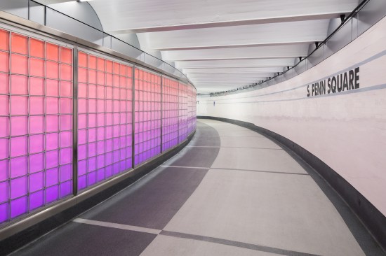 SEPTA's active wall includes EXTECH's custom-engineered and fabricated glass block system that, in concert with the static white and color changing lights, simulates movement and transparency.