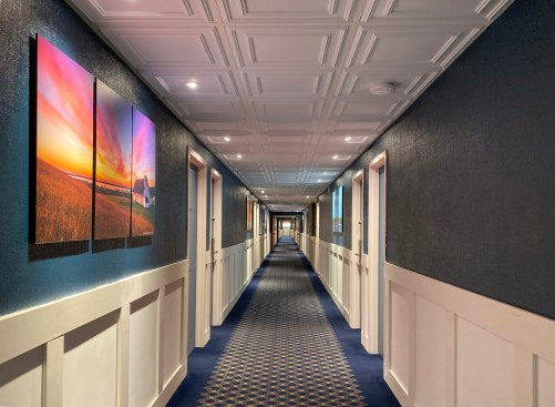 In the renovated corridor, the three dimensional ceiling panels offer eye relief, and the dark upper walls provide a dramatic contrast for the colorful artwork.
