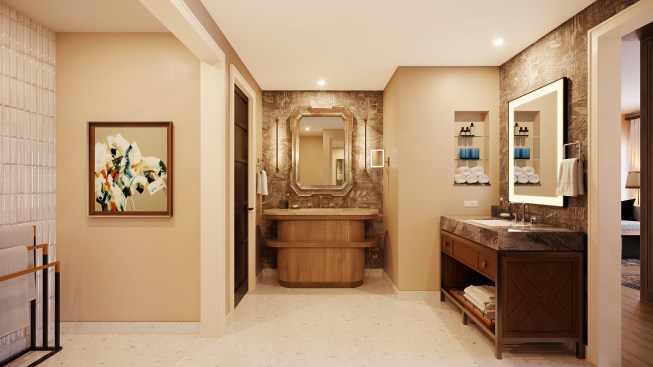 A rendering of the bathroom in the one-bedroom villa at the Privado Villas 