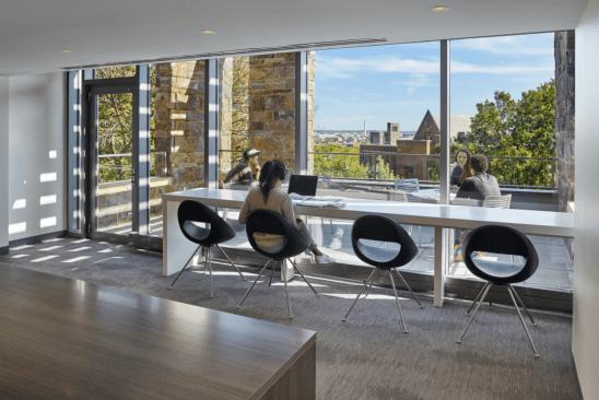 View across campus from student work space