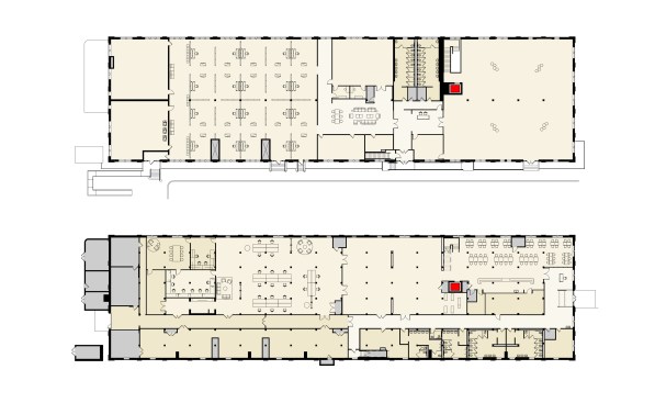 Plans of ground level (bottom) and second level (top)