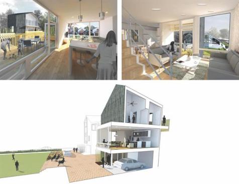 Some of the models stack living spaces on the second floor. Others could be built as live/work units, or ground-level living areas with a second-story loft for the grandkids.
