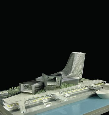 View of the model from the southwest, showing the infrastructure for cruise ship boarding.