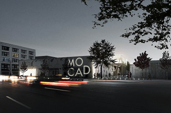 Garden entry from Woodward Avenue. Two large windows offer views from Detroit's main artery into MOCAD's art spaces.
