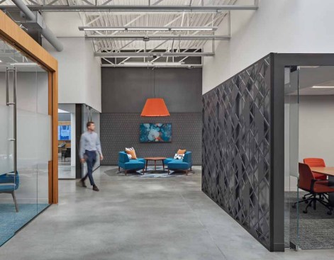 Use of glass throughout the headquarters and along a central corridor, or “main street,” defines program spaces and allows glimpses of activity.