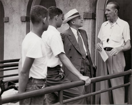 L.S. Curtis asking to admit his sons to the Fairgrounds Park public pool from superintendent Louis Fierer after they were denied entry because of race. June 19, 1950.