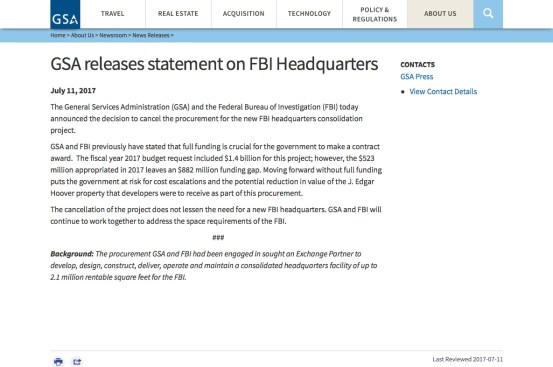 Screenshot of the GSA/FBI statement on the GSA's website