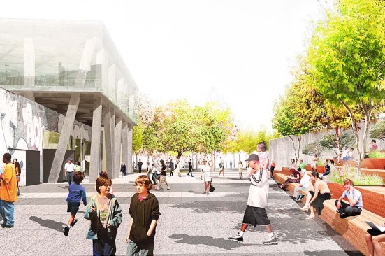 South outdoor art and event space with landscaped bleachers. Public threshold links Woodward with Garfield, Midtown Loop and Sugar Hill Walkway.