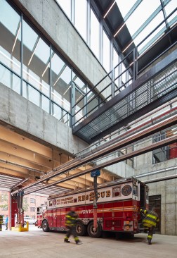 The truck bay shows off the cast-in-place structure, with concrete from Long Island Concrete.